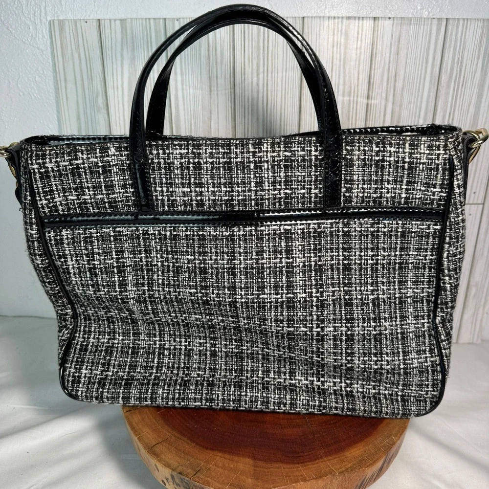 Kate Spade New York Black White Tweed Patent Bow Satchel Shoulder Bag PXRU3909